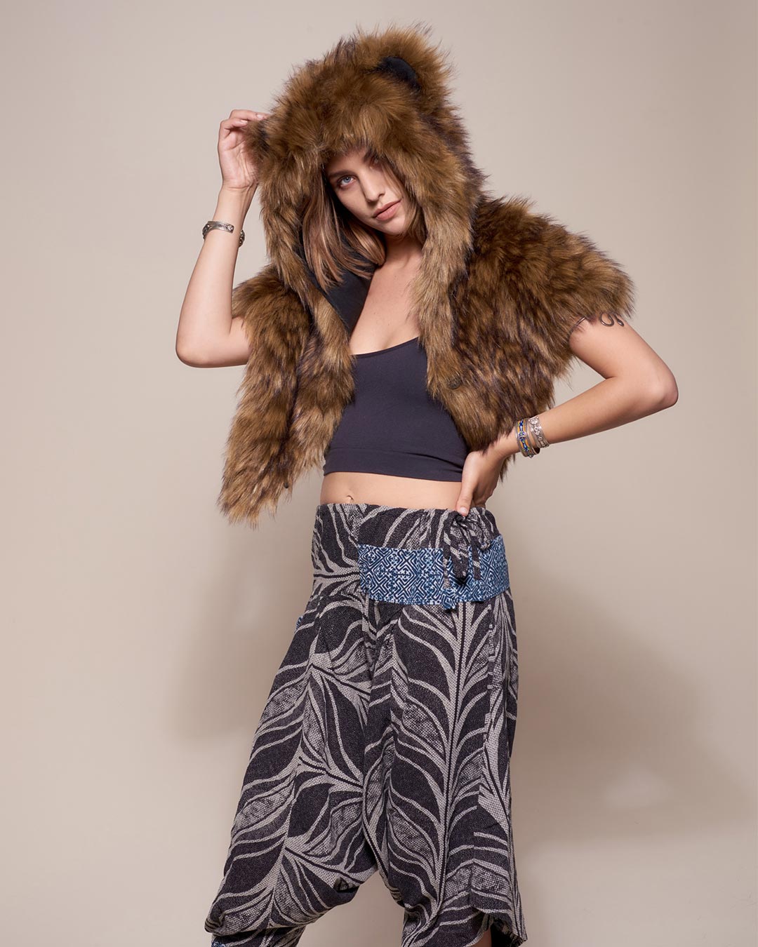 Hooded Grizzly Bear Faux Fur Shawl on Female