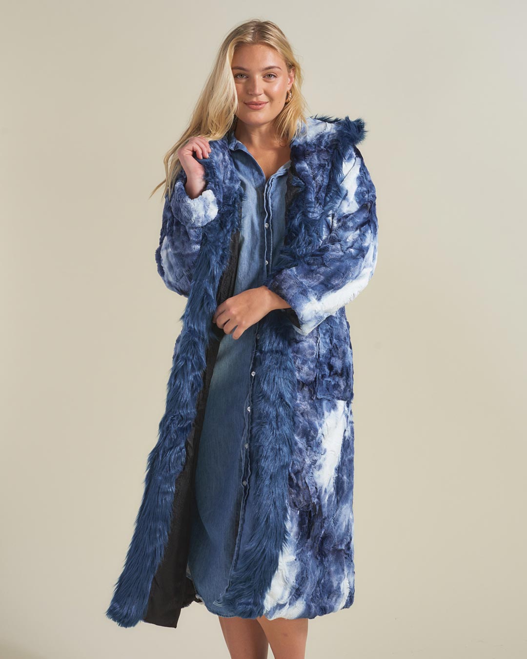 Faux Fur Robe in Classic Water Wolf Design Worn Over Denim Dress by Blonde Female Model