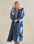 Faux Fur Robe in Classic Water Wolf Design Worn Over Denim Dress by Blonde Female Model