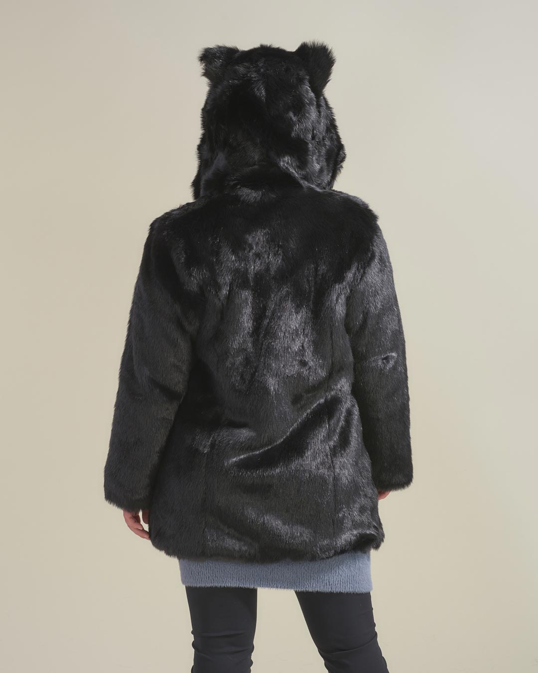 Woman wearing Black Panther Classic Faux Fur Coat, back view