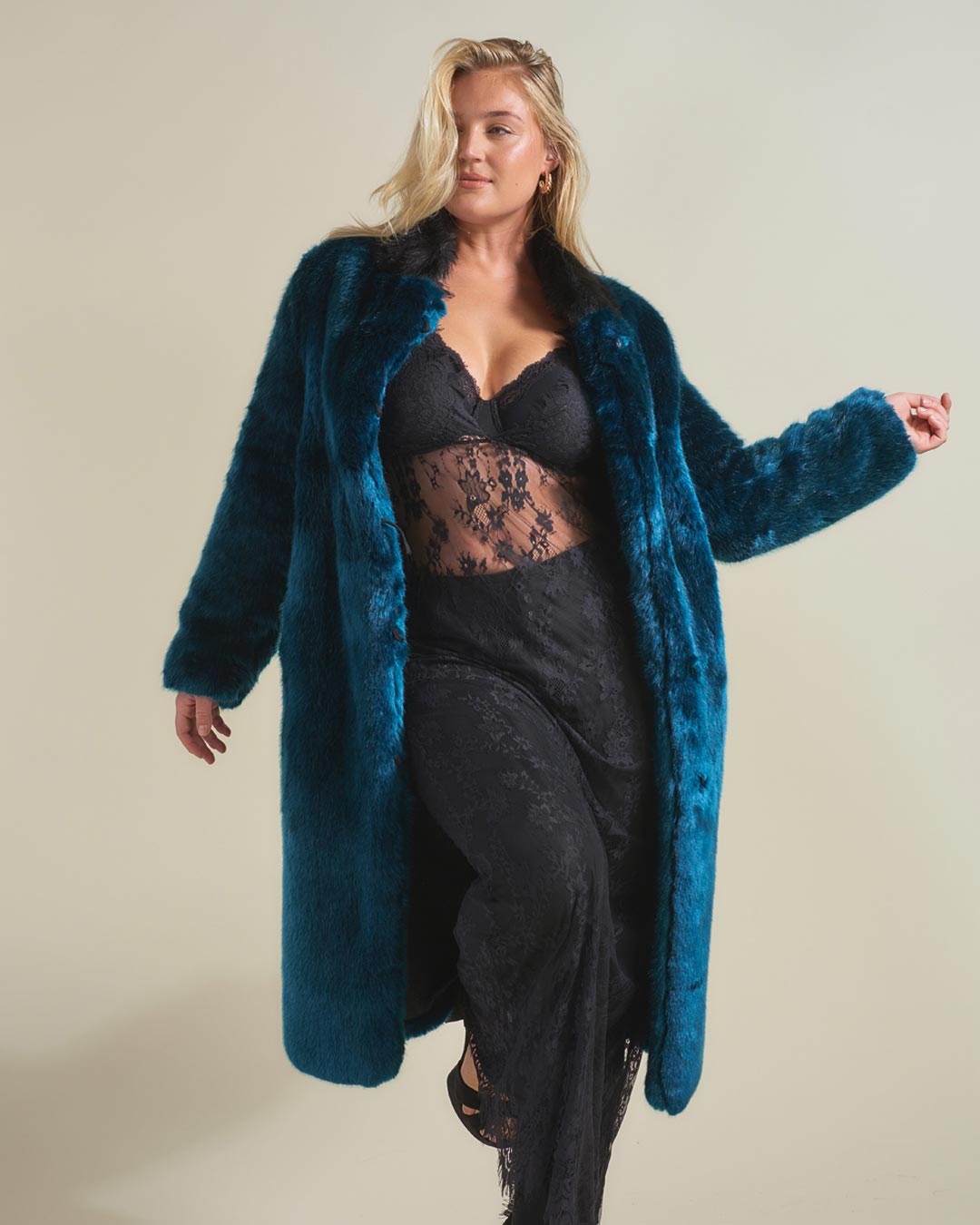 Teal Royal Wolf Luxe Calf Length Faux Fur Coat on Female