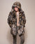Man wearing Brindle Wolf Hooded Faux Fur Coat, front view 3