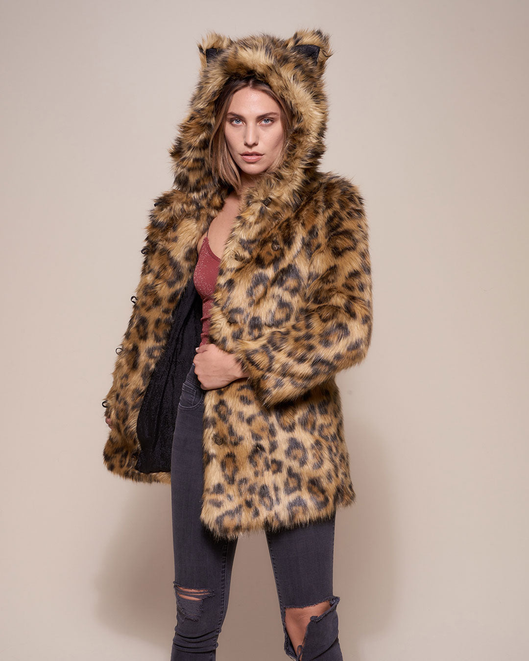 Woman wearing Javan Leopard Classic Faux Fur Coat *Almost Purfect* SpiritHood