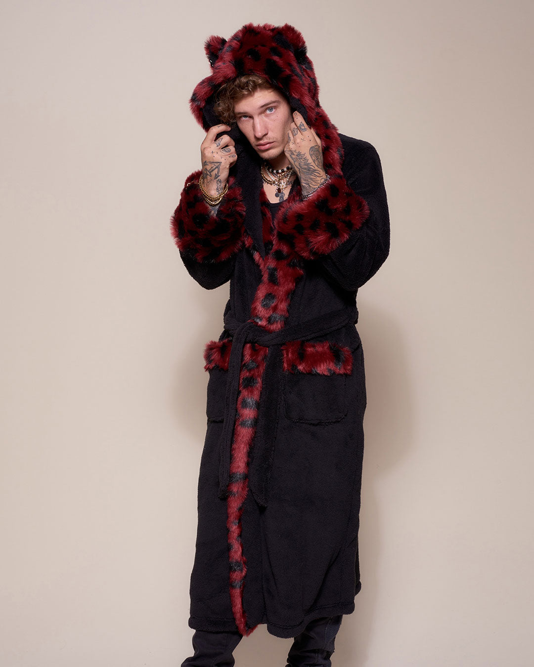 Black and Red Wild Cat Classic Faux Fur Robe on Male