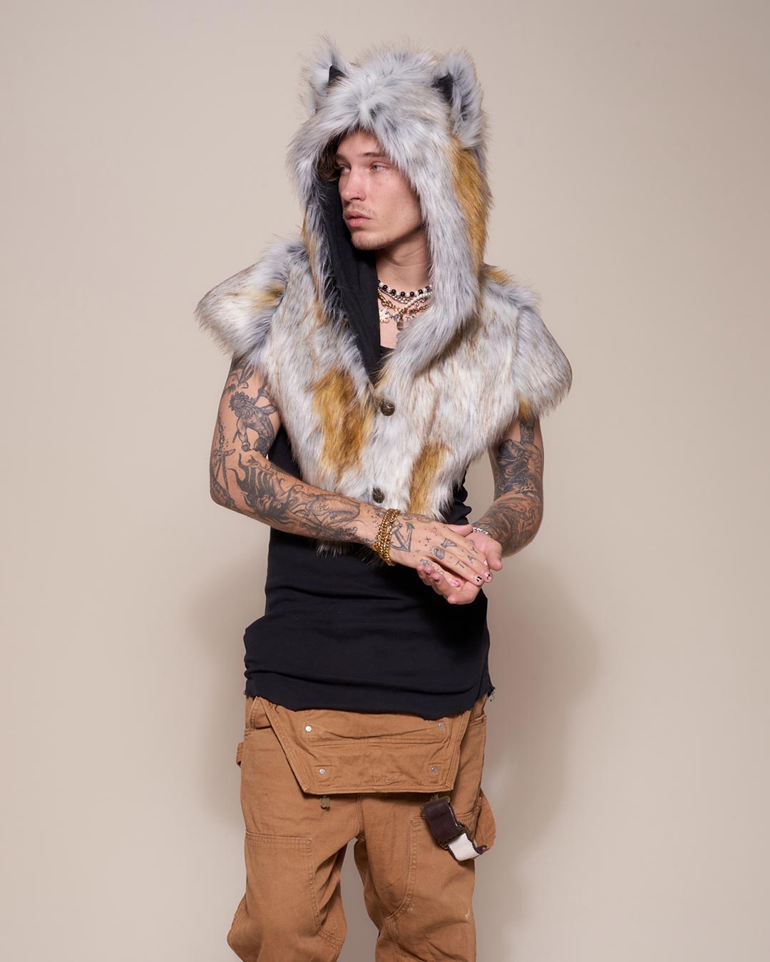 Man wearing Arctic Fox Collector Edition Faux Fur Shawl, front view 7