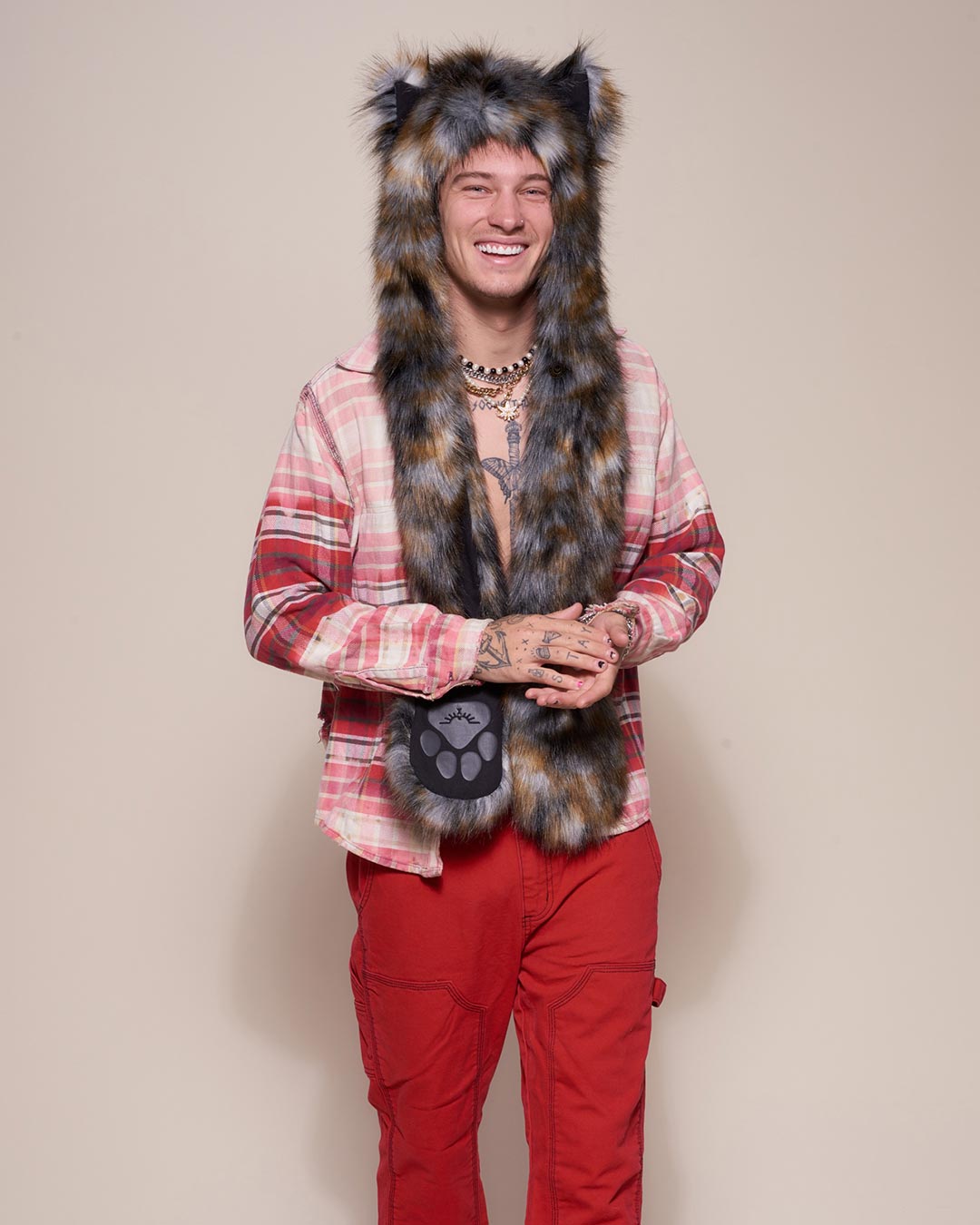 Man wearing Brindle Wolf Collector Edition Faux Fur Hood, front view 1
