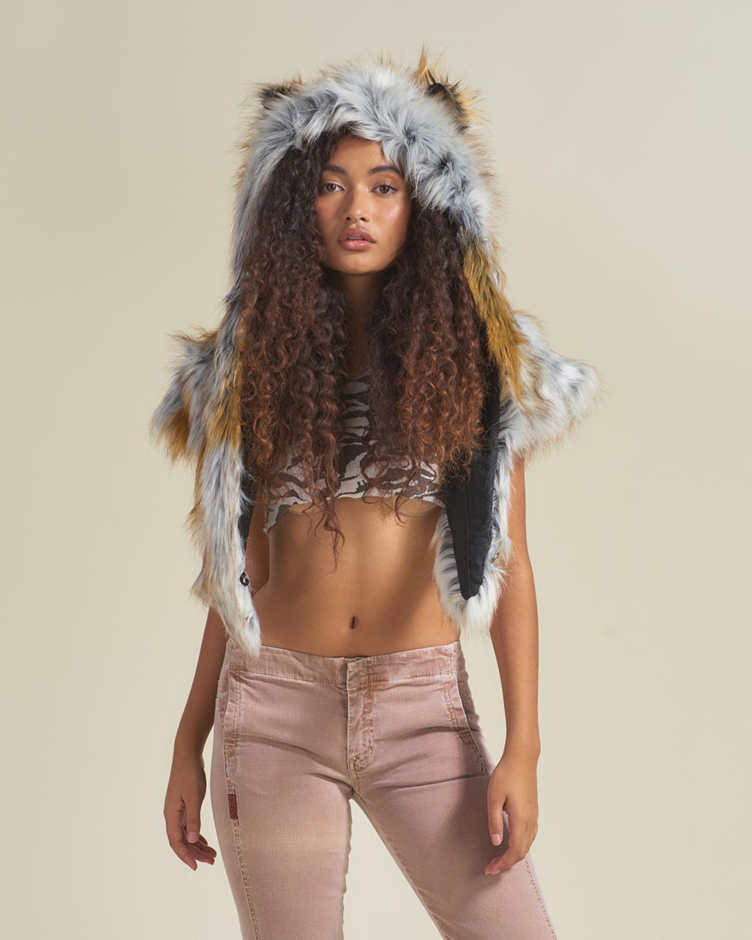 Woman wearing Arctic Fox Collector Edition Faux Fur Shawl, front view 2