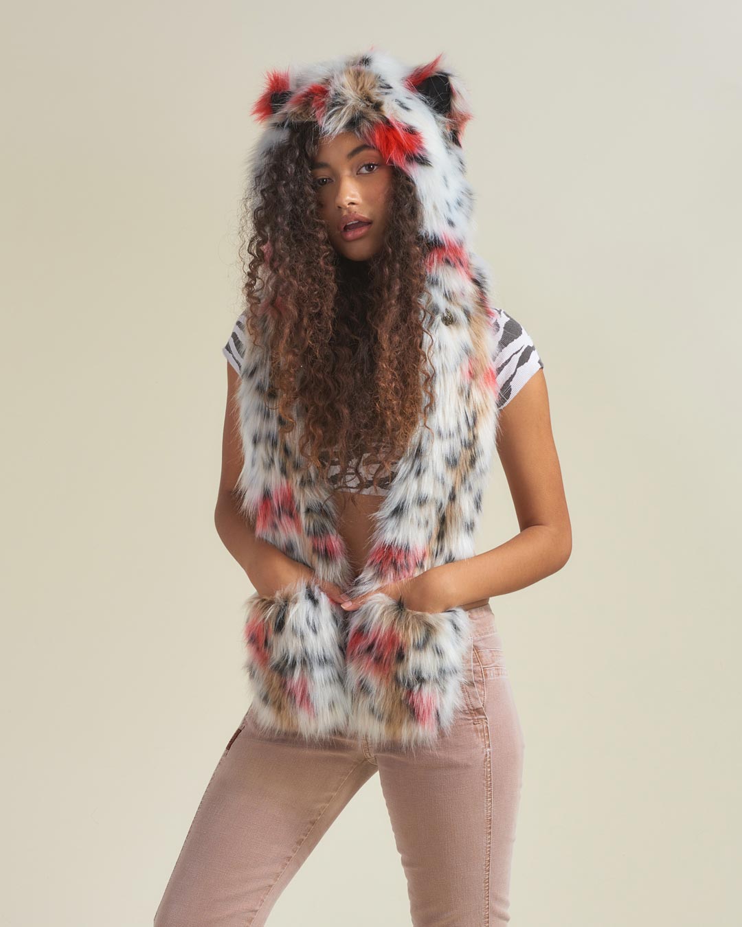 Strawberry Leopard Collector Edition Faux Fur Hood on Female Model