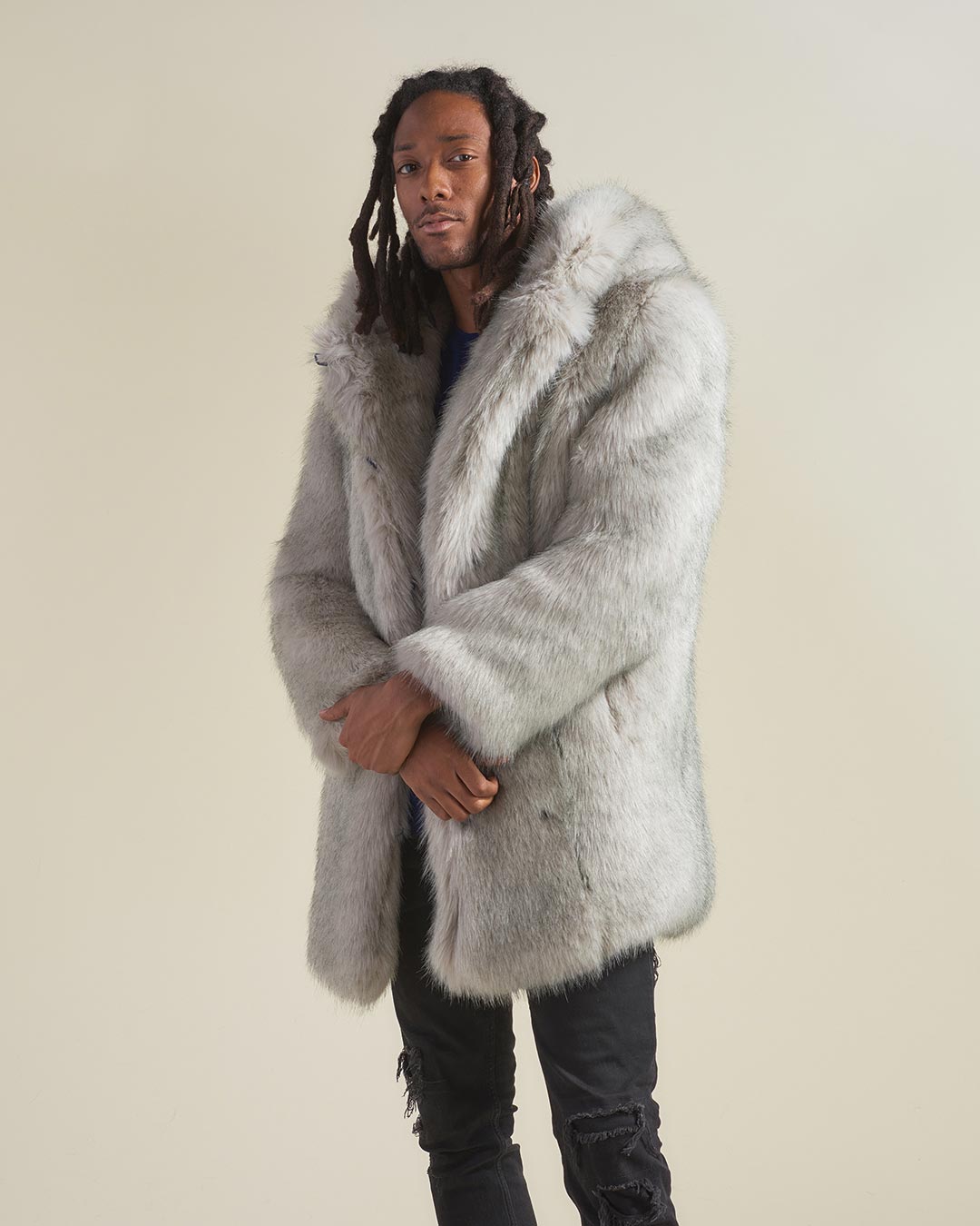 Faux Fur Grey Arctic Wolf Men's Coat with Hood | SpiritHoods