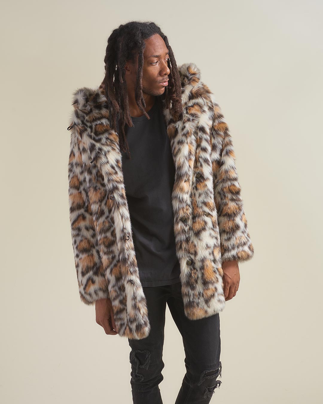 Clouded Leopard Faux Fur Men's Coat with Hood | SpiritHoods
