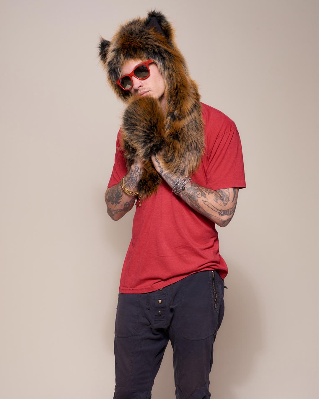 Man wearing Red Wolf Faux Fur Hood, side view