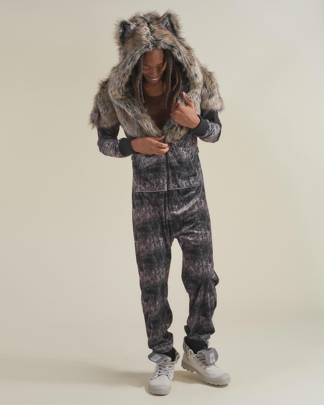 Man wearing Grazer Wolf Artist Edition Faux Fur Animal Onesie, front view 1