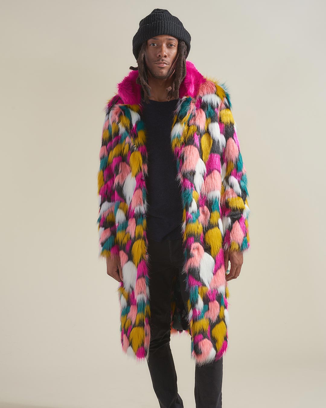 Rainbow Butterfly Calf Length Faux Fur Coat | Men&#39;s - SpiritHoods