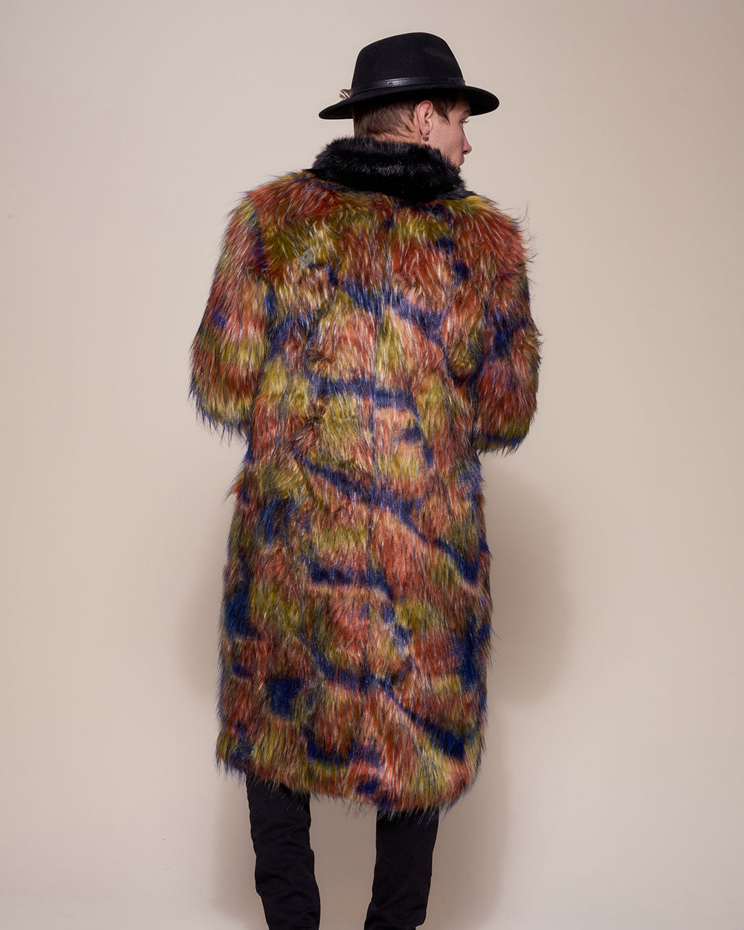 Parrot Calf Length Collared Faux Fur Coat on Male Model