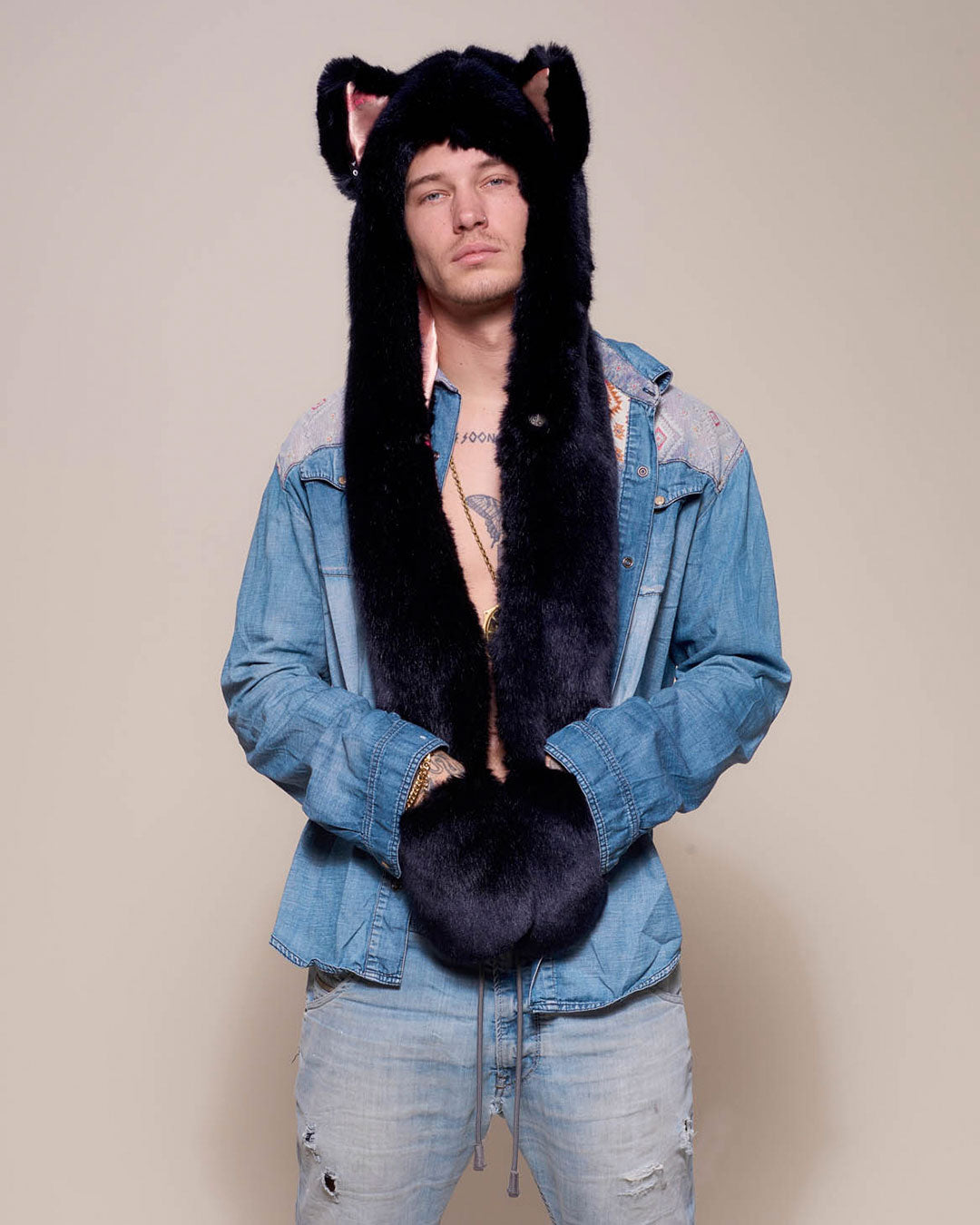 Man wearing Indigo Wolf Luxe Collector Edition Faux Fur Hood, front view 2