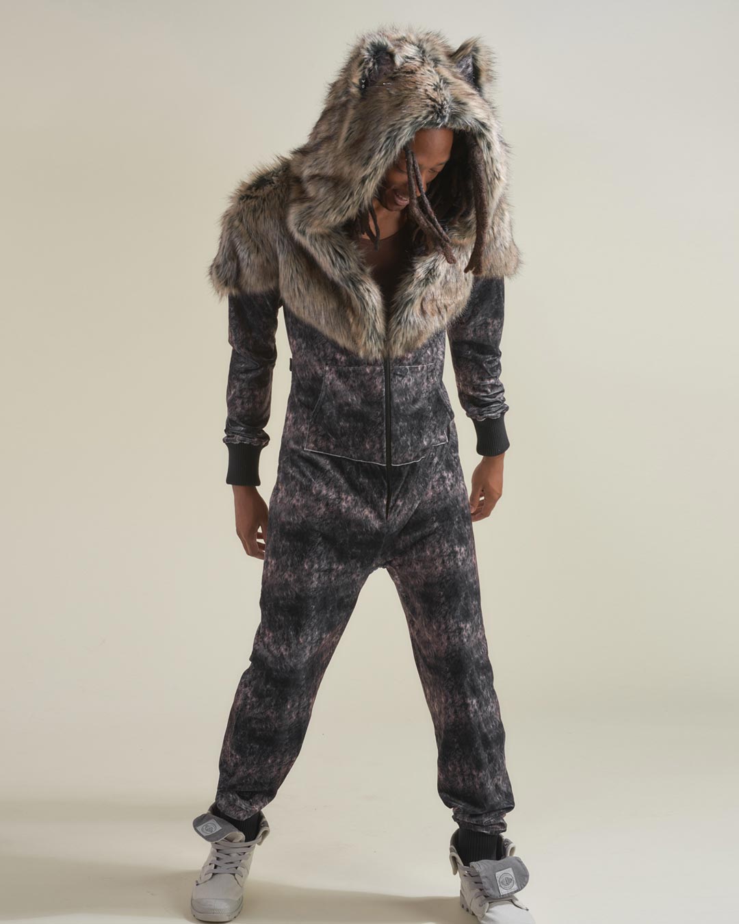 Man wearing Grazer Wolf Artist Edition Faux Fur Animal Onesie, front view 3