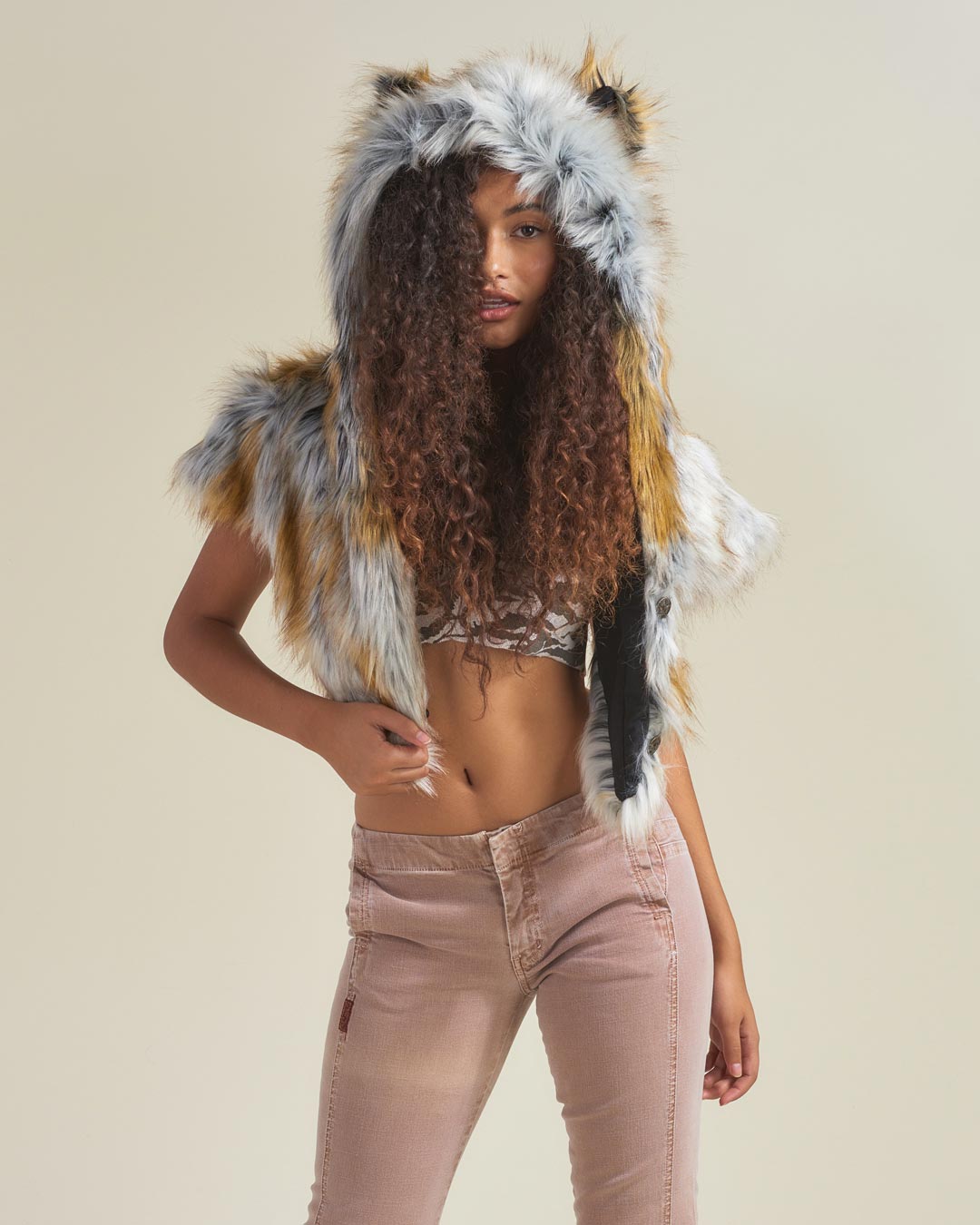 Woman wearing Arctic Fox Collector Edition Faux Fur Shawl, front view 8