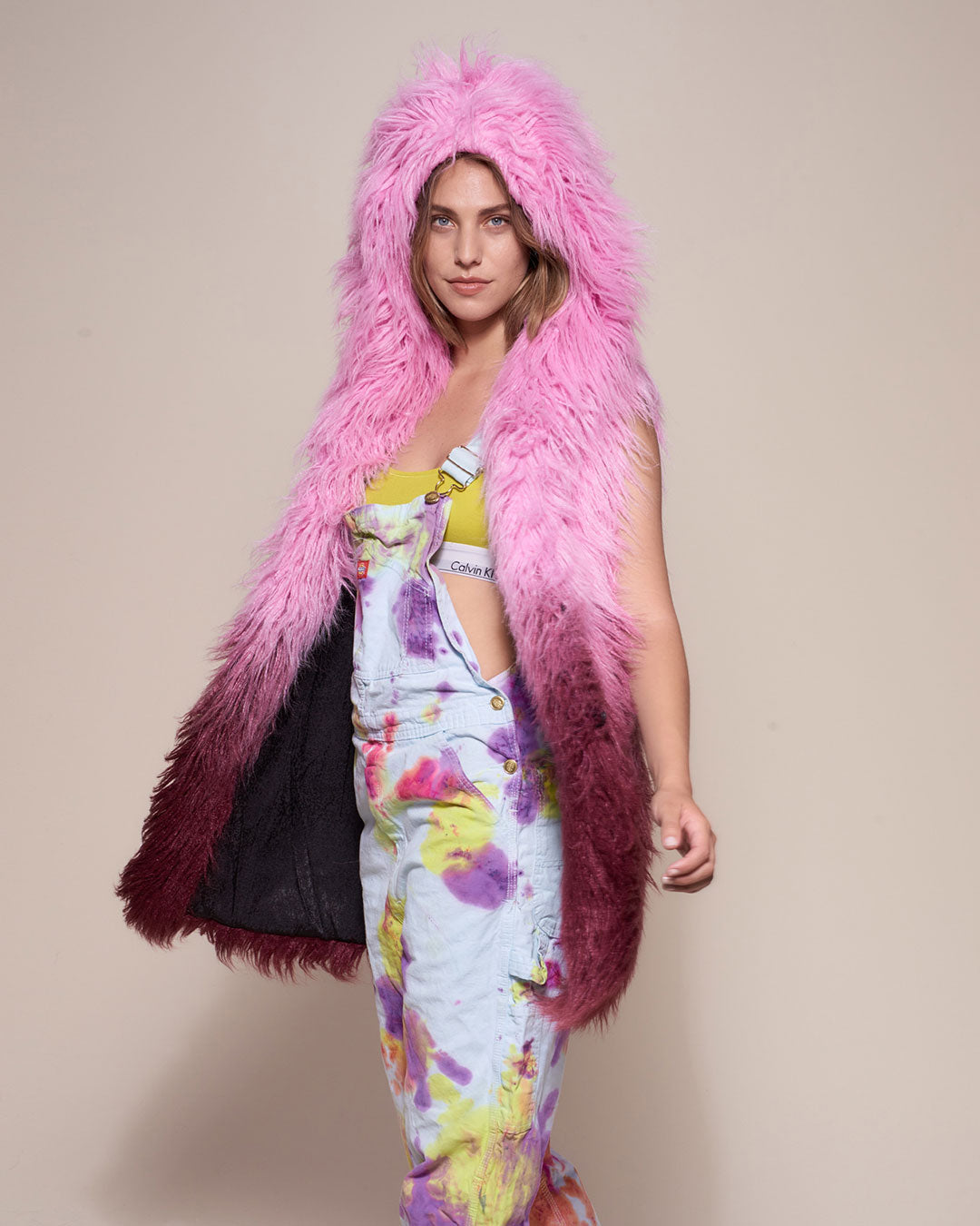 Pink Ombre Alpaca Hooded Faux Fur Vest on Female Model