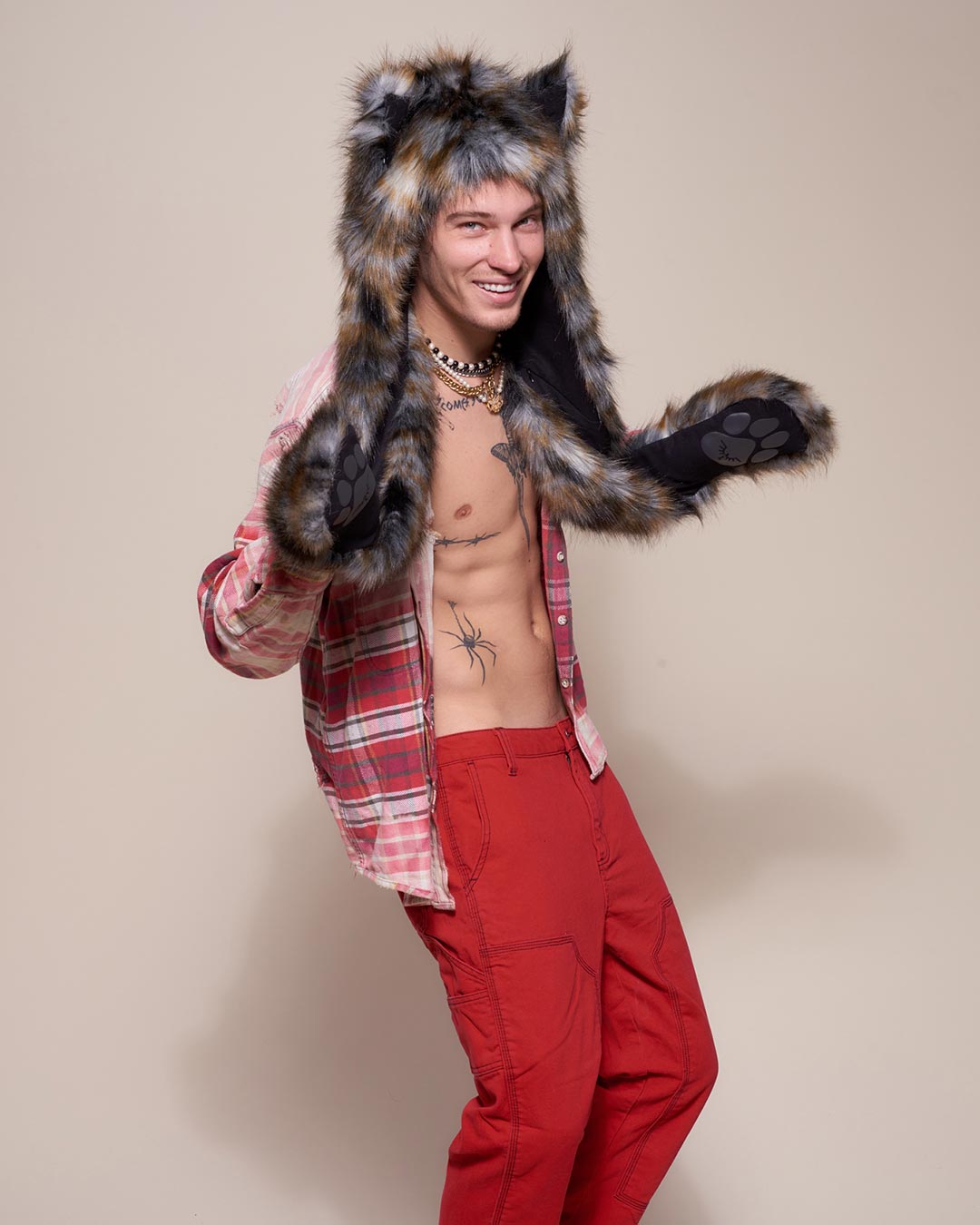 Man wearing Brindle Wolf Collector Edition Faux Fur Hood, side view 1