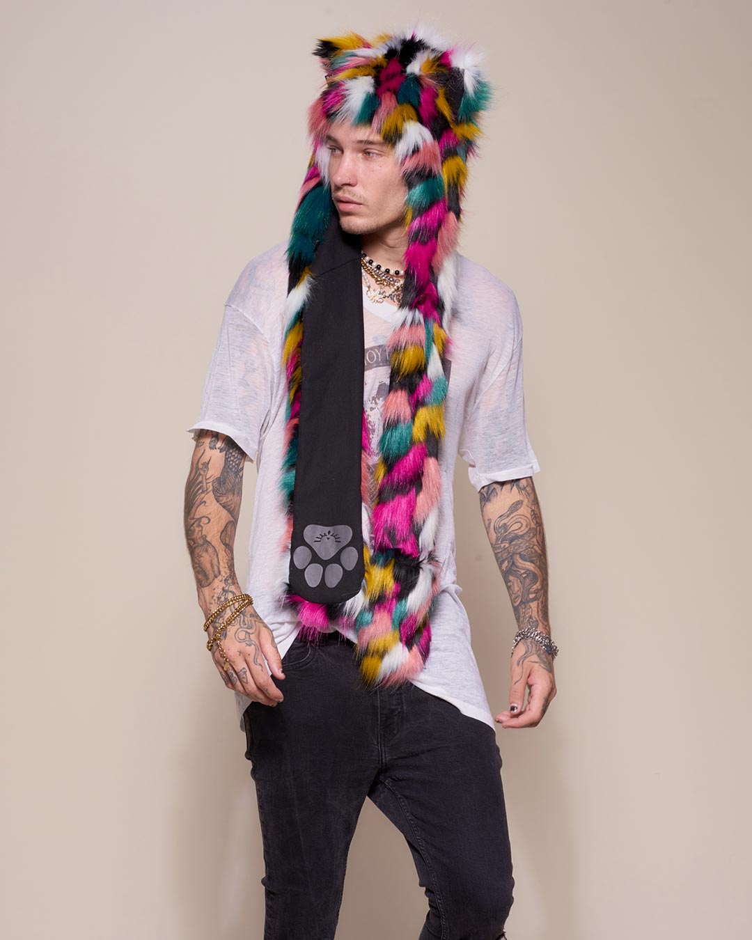Man wearing Rainbow Leopard Collector Edition Faux Fur Hood, side view 3