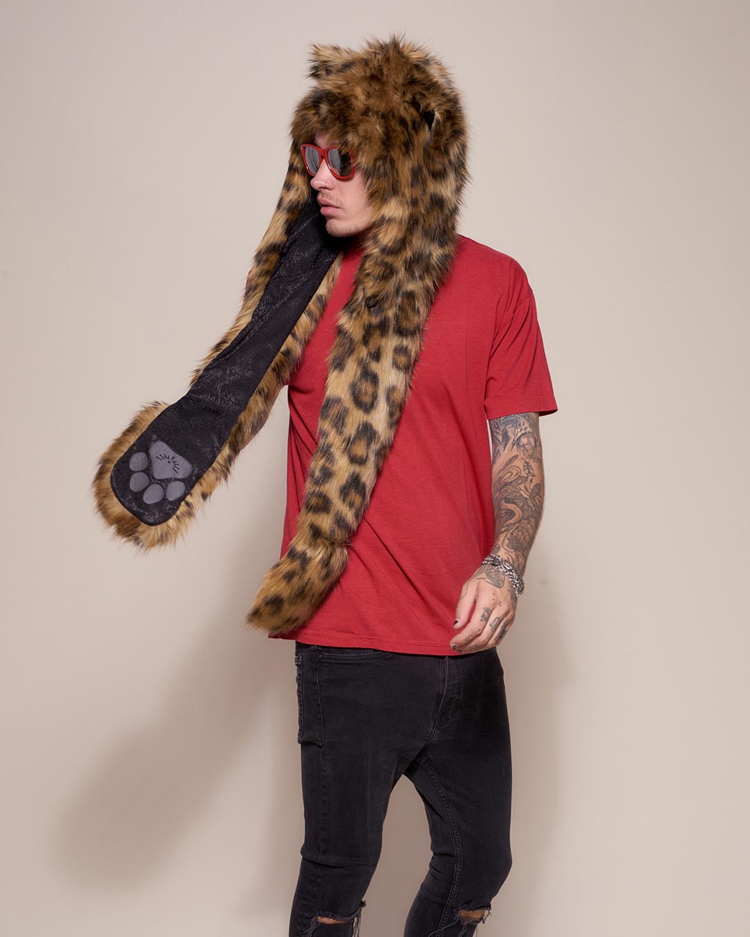 Man wearing Javan Leopard Faux Fur Hood, side view 2