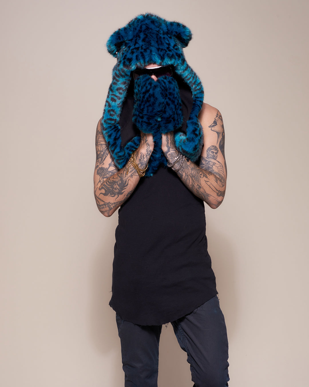 Man wearing faux fur Ice Leopard Luxe Collector Edition SpiritHood, front view