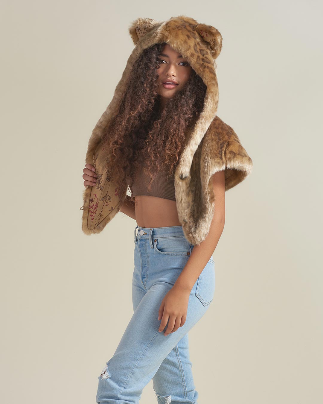 African Golden Cat Luxe Hooded Faux Fur Shawl 