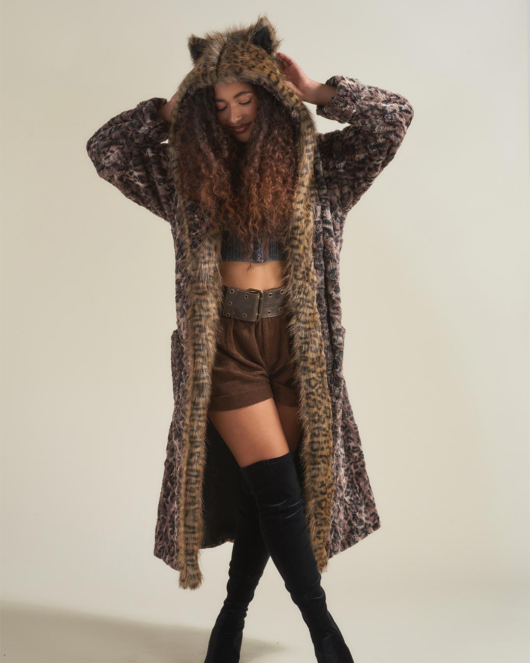 Woman wearing Savannah Cat Classic Faux Fur Style Robe, front view 1