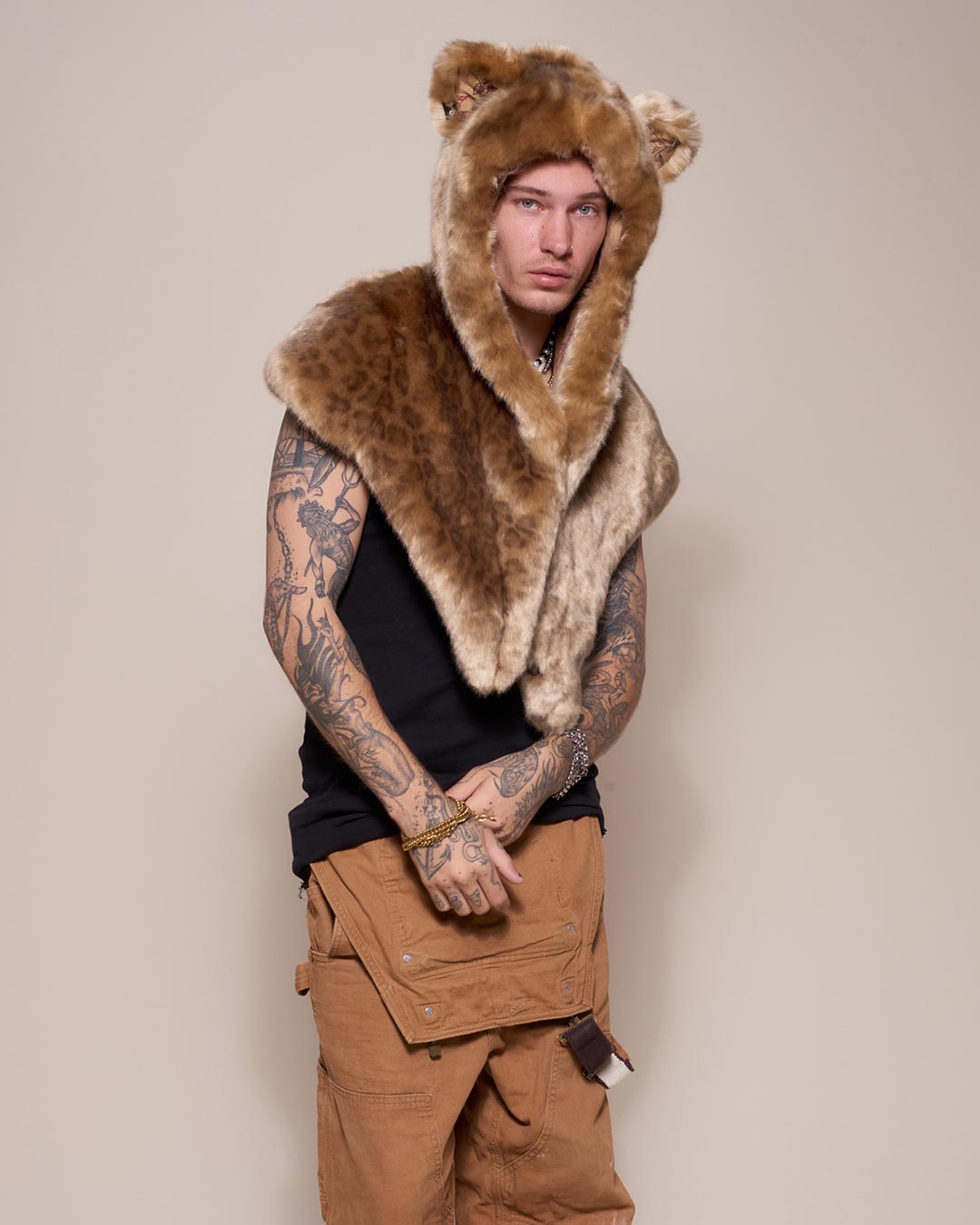 Man Wearing Faux Fur Shawl with Hood African Golden Cat Design