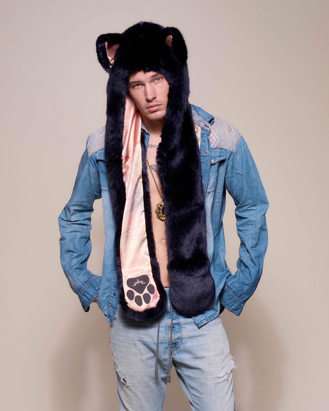 Man wearing Indigo Wolf Luxe Collector Edition Faux Fur Hood, front view 3