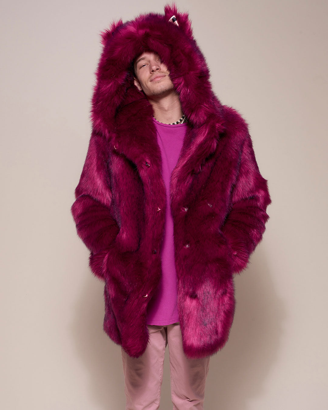 Man wearing Love Wolf Luxe Classic Faux Fur Coat, front view 5