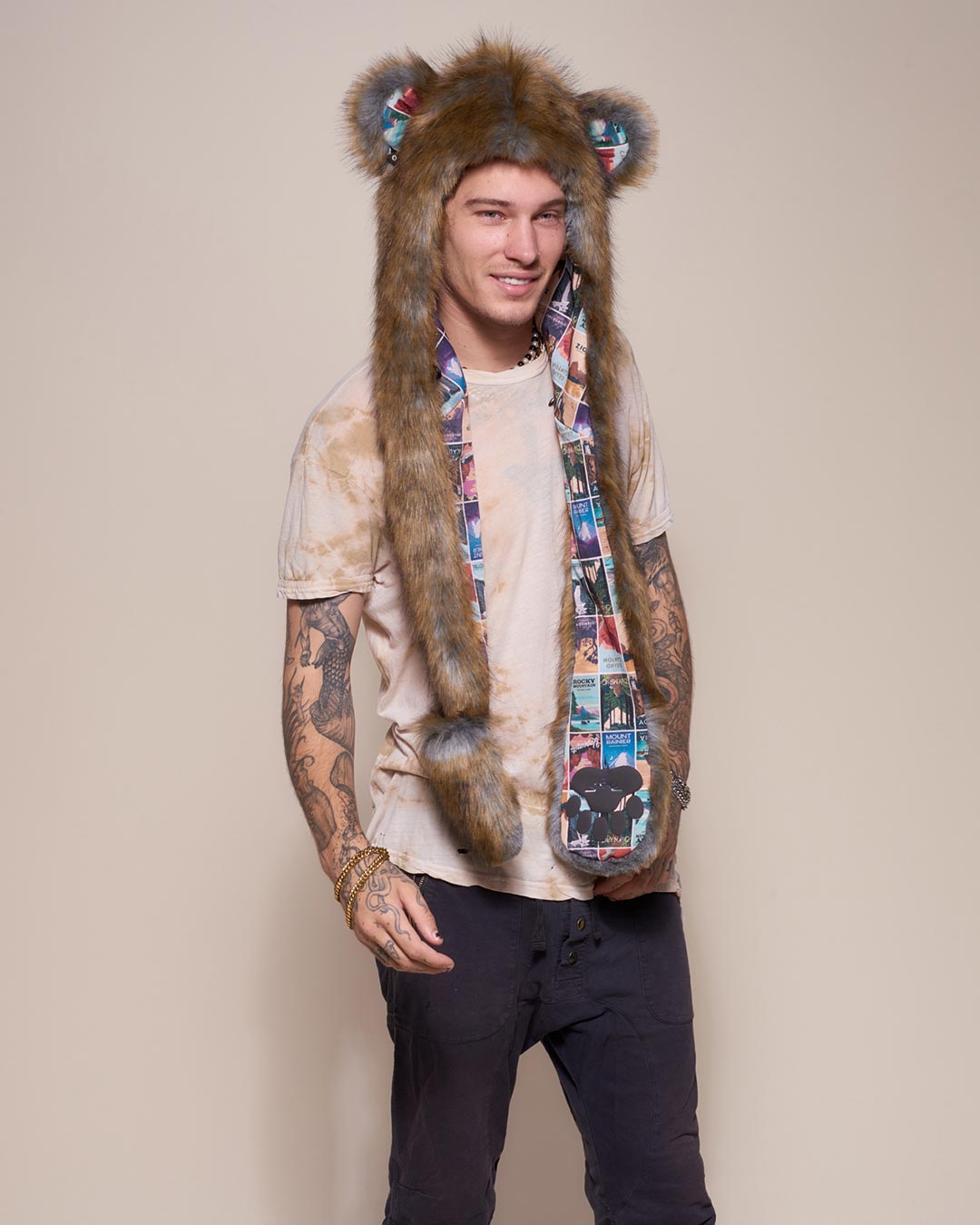 Man wearing National Park Bear Collector Edition Faux Fur Hood