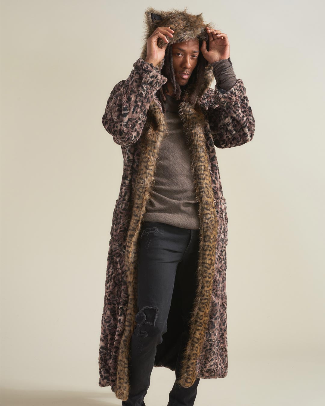 Man wearing Savannah Cat Classic Faux Fur Style Robe, side view 1