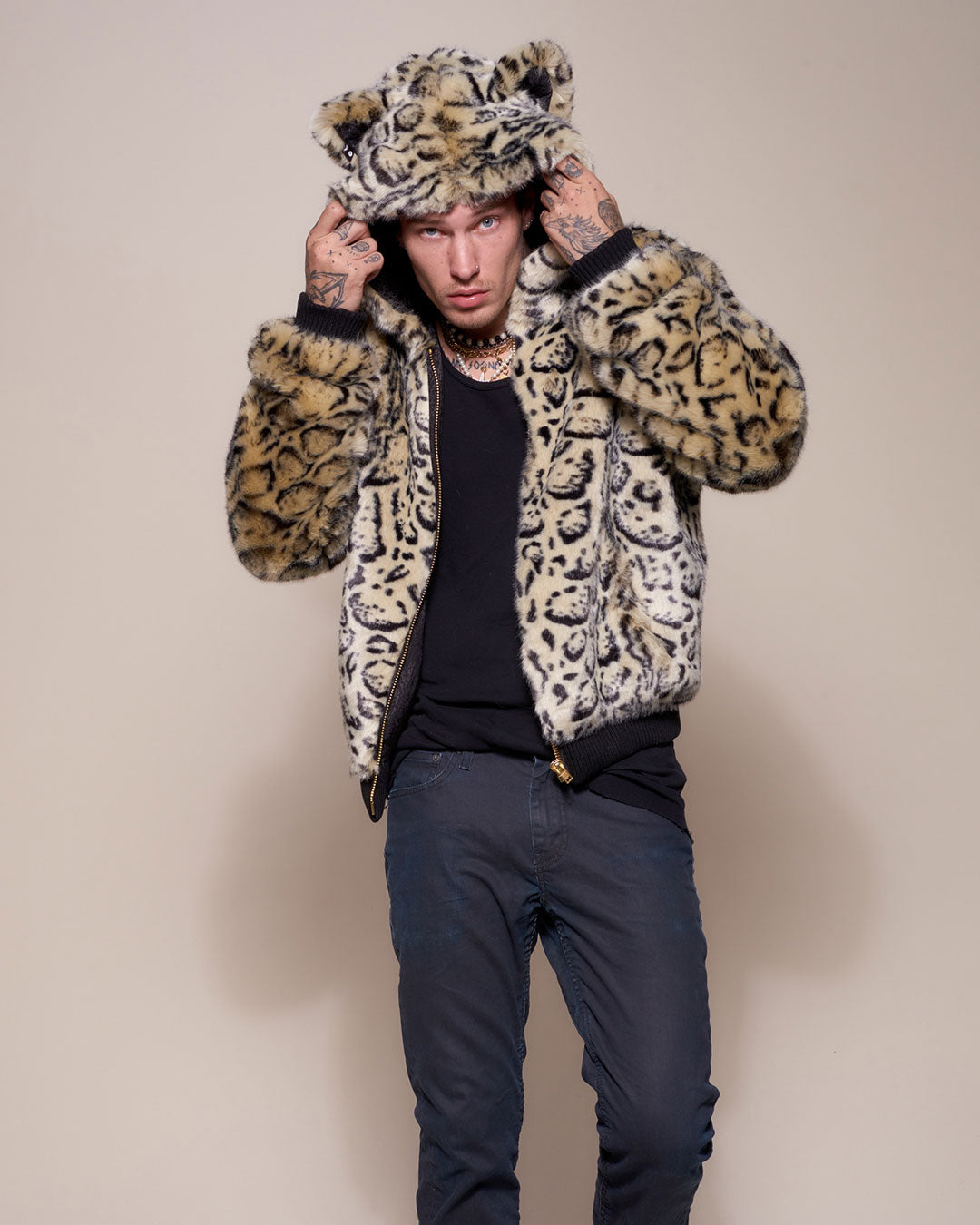 Man wearing Ocelot Luxe Classic  Faux Fur Bomber Jacket, front view 1
