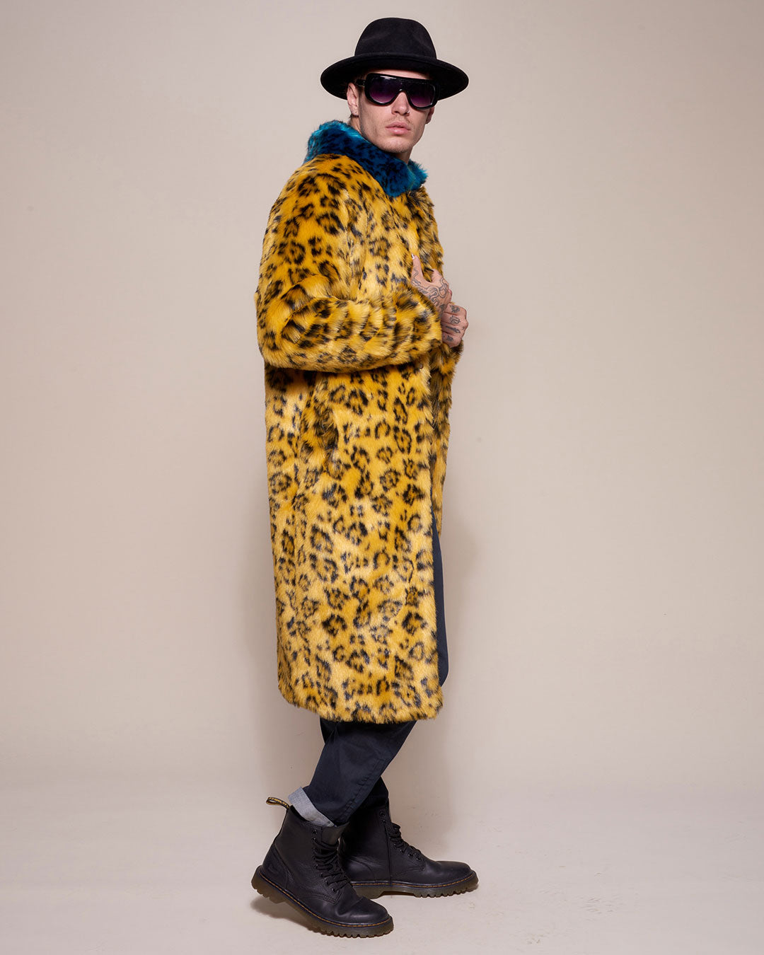 Collared Yellow Cheetah Faux Fur Coat on Male Model