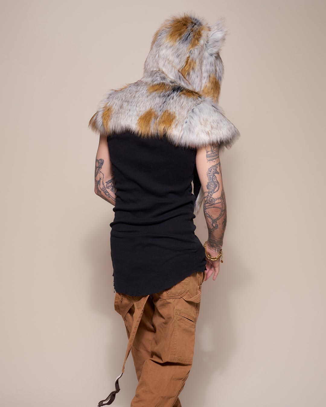 Man wearing Arctic Fox Collector Edition Faux Fur Shawl, back view 1