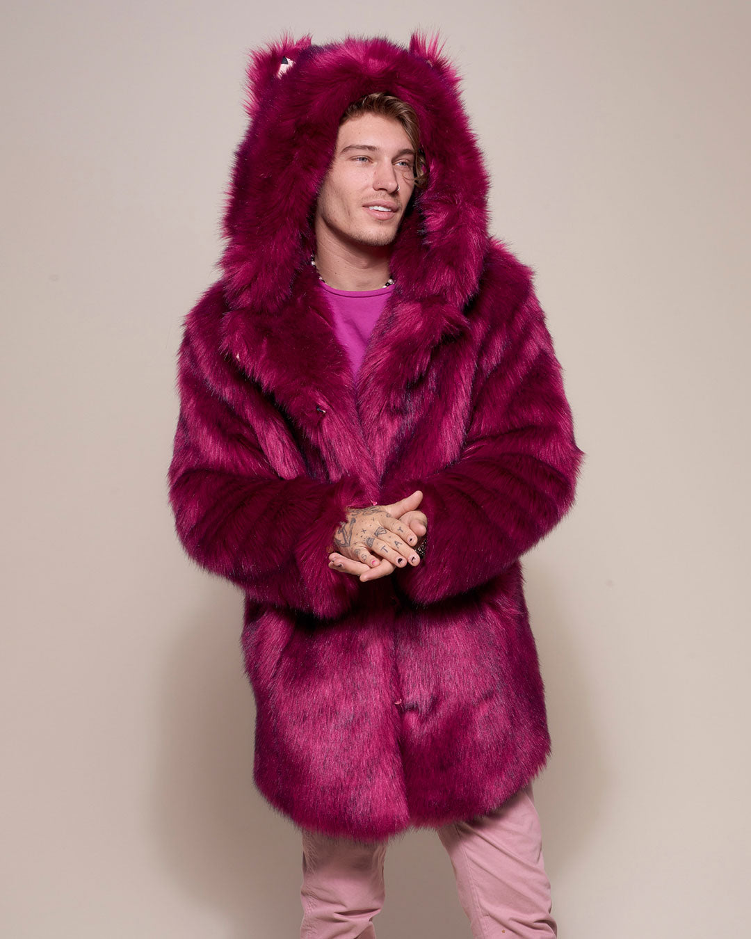 Man wearing Love Wolf Luxe Classic Faux Fur Coat, front view 2