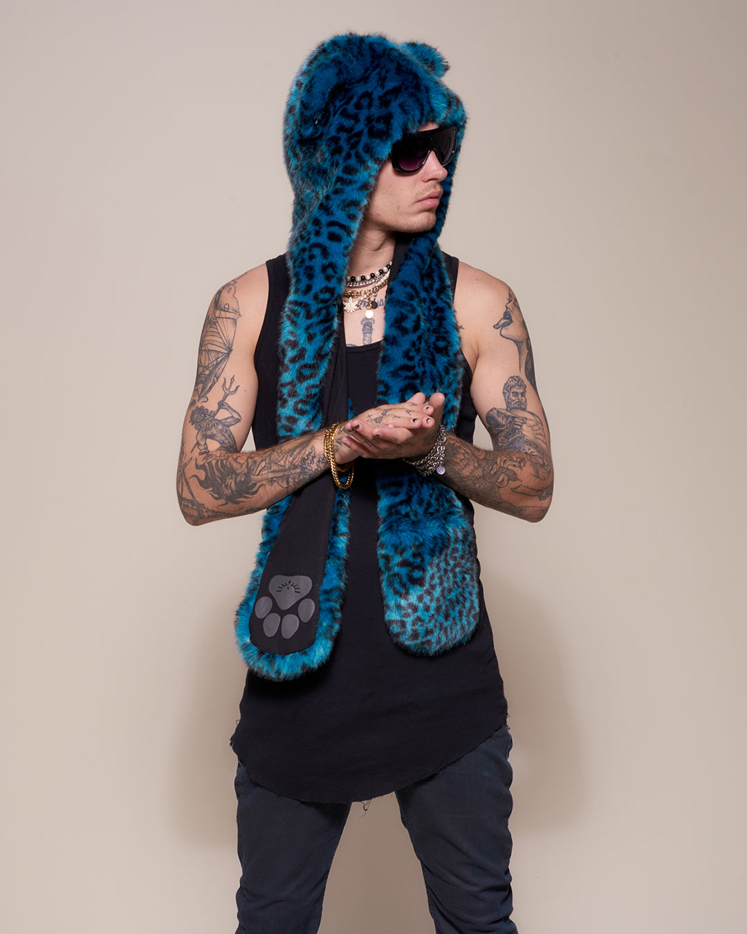 Man wearing faux fur Ice Leopard Luxe Collector Edition SpiritHood, side view