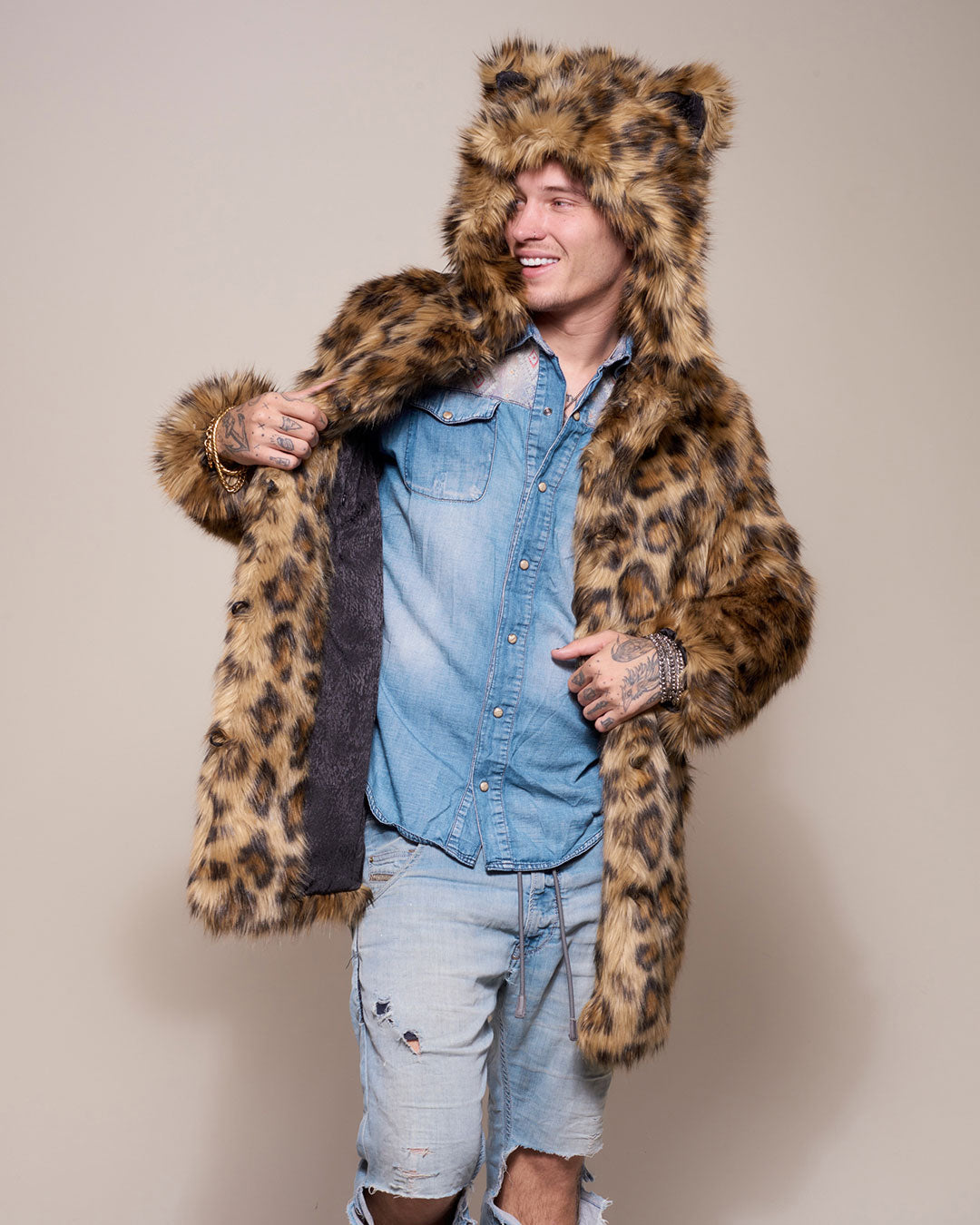 Man wearing Javan Leopard Classic Faux Fur *Almost Purfect* Coat, front view 4