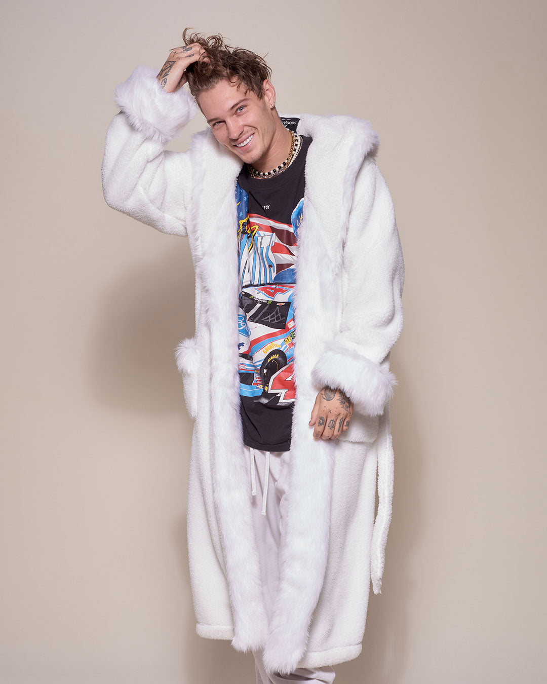 Man wearing Arctic Wolf Classic Faux Fur Robe, front view 3