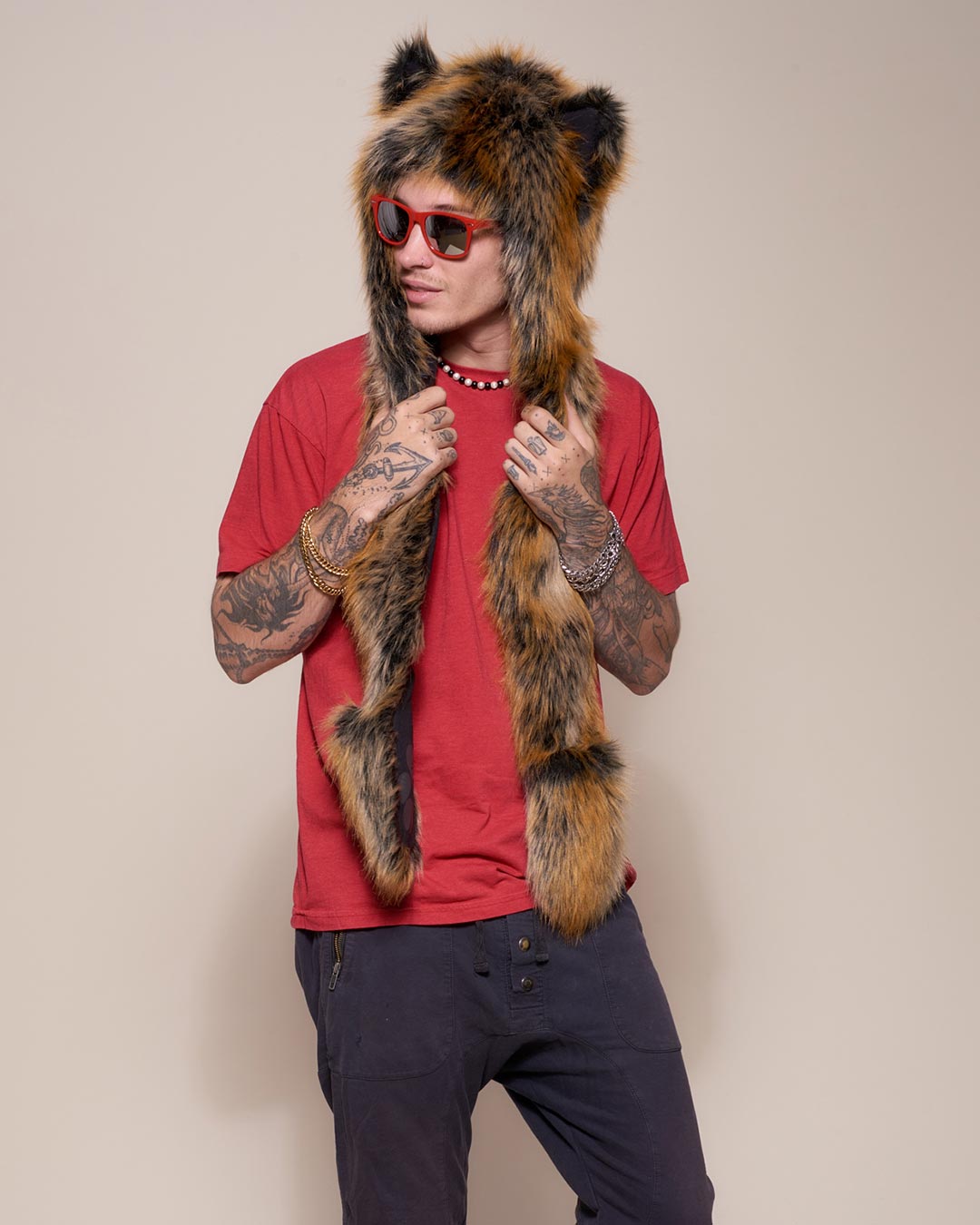 Man wearing Red Wolf Faux Fur Hood, side view 2