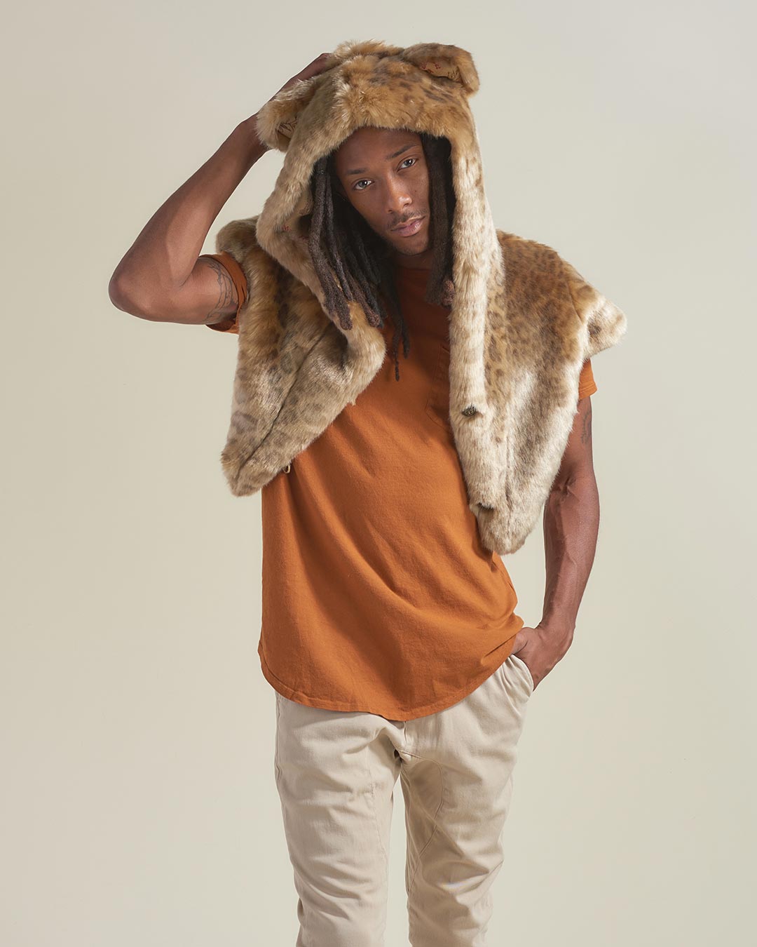 African Golden Cat Luxe Faux Fur Shawl on Male Model