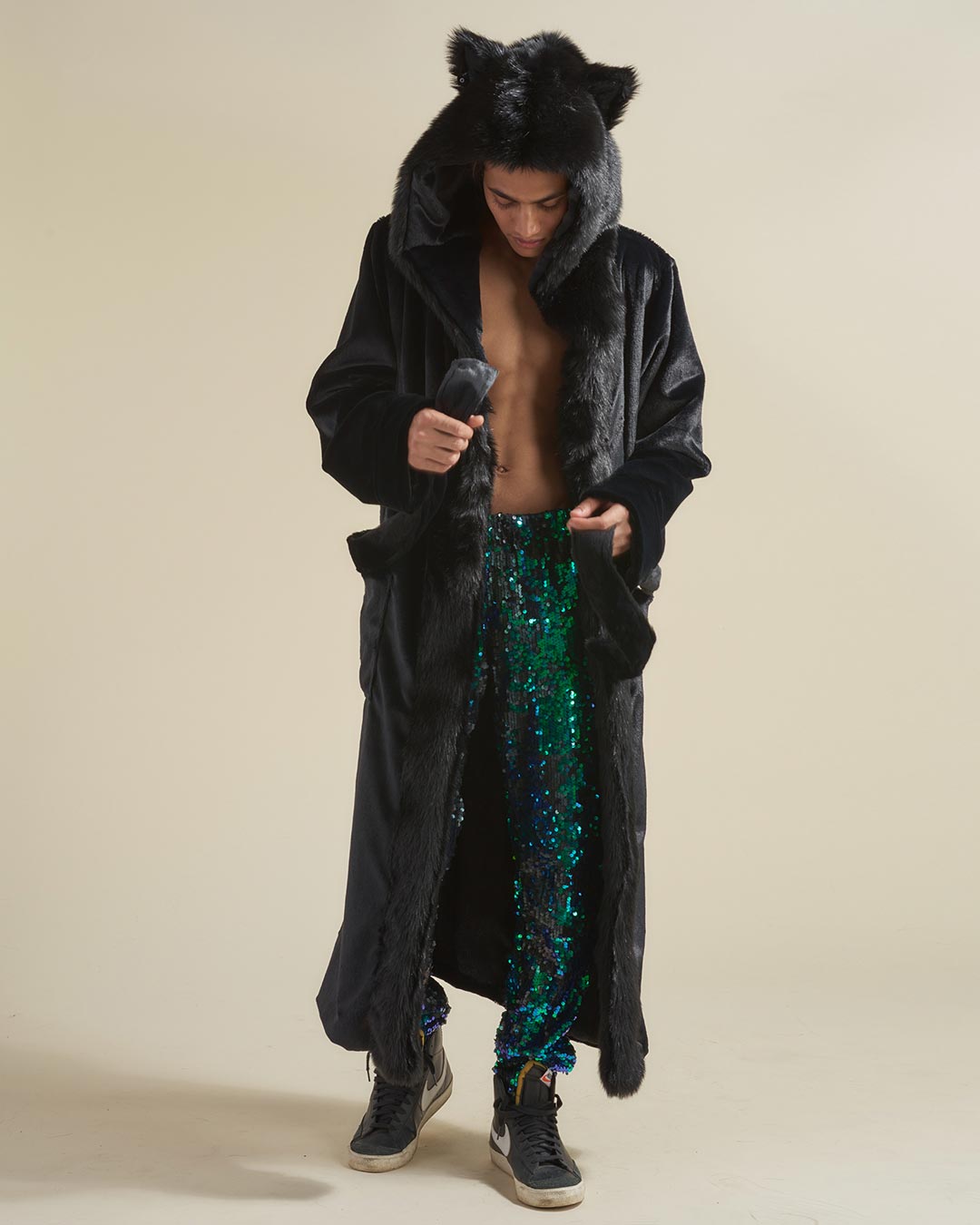 Man Wearing Hooded Black Panther Classic Faux Fur Style Robe