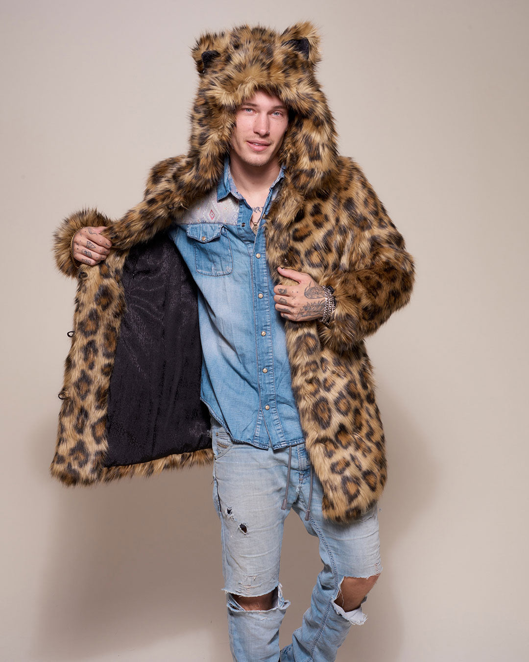 Man wearing Javan Leopard Classic Faux Fur *Almost Purfect* Coat, front view 1