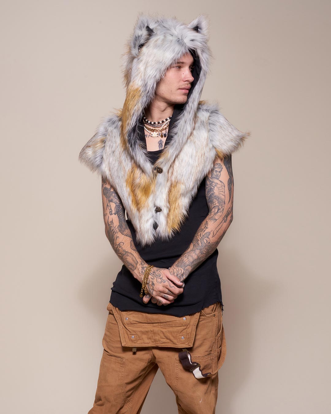 Man wearing Arctic Fox Collector Edition Faux Fur Shawl, front view 3