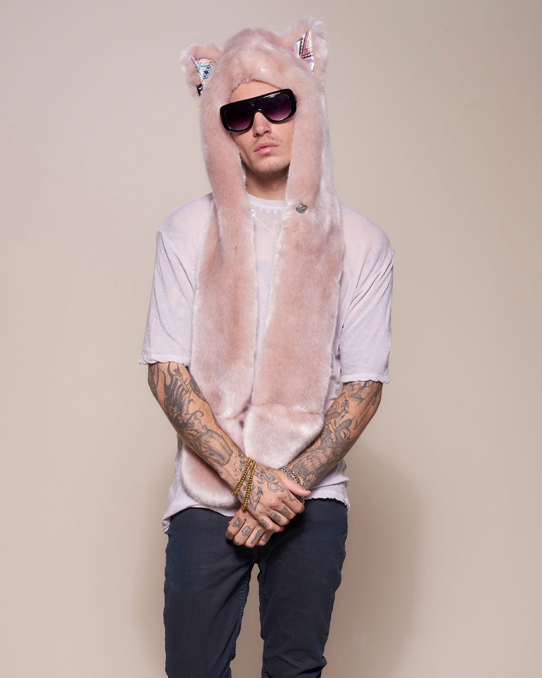 Man wearing faux fur Rose Quartz Wolf Luxe Collector Edition SpiritHood, front view 1