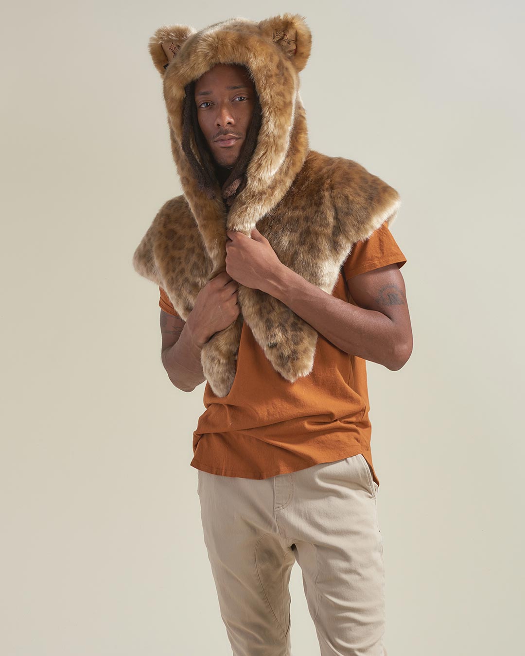 Hooded Shawl African Golden Cat Faux Fur Design on Male Model