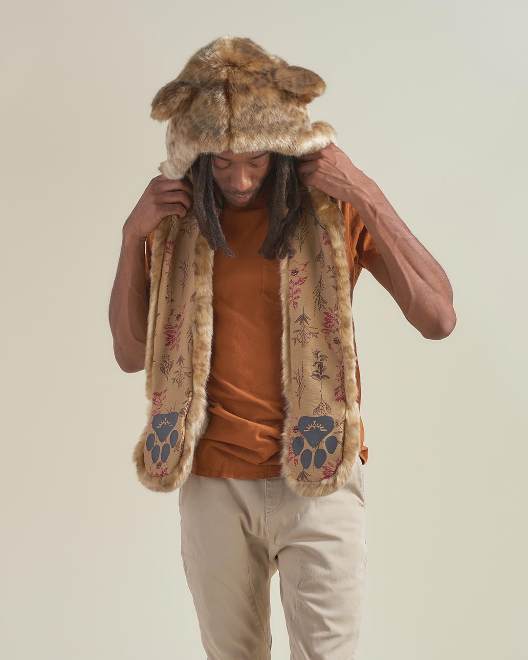 Man wearing African Golden Cat Luxe Faux Fur Collector Edition Hood, front view 5