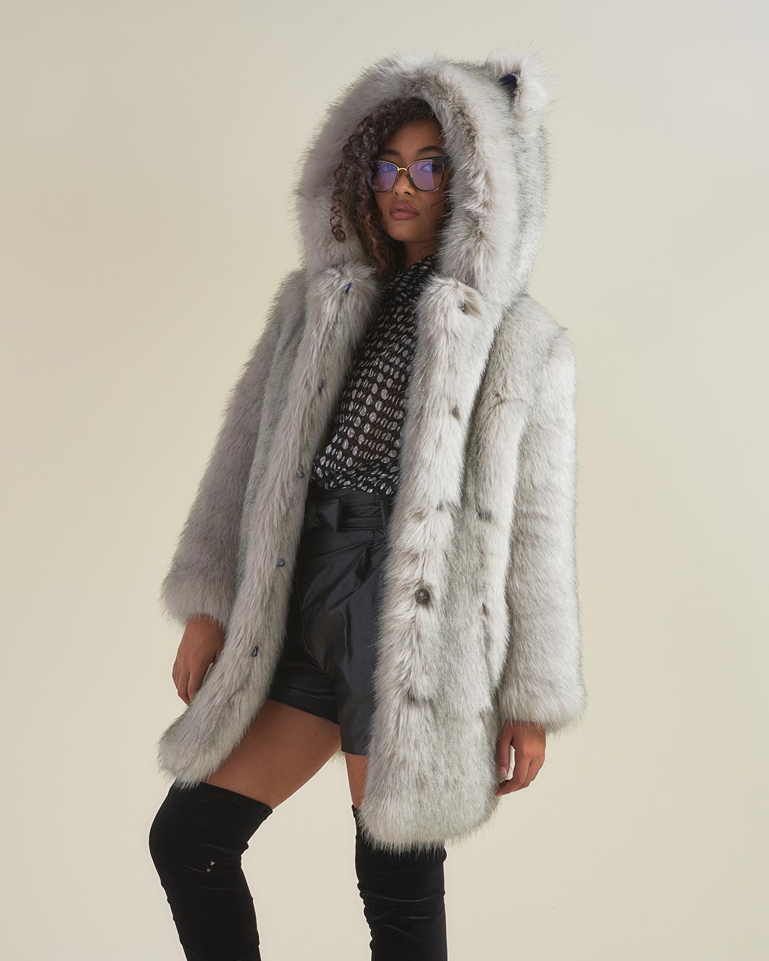 Faux Fur Arctic Grey Wolf Women's Coat with Hood