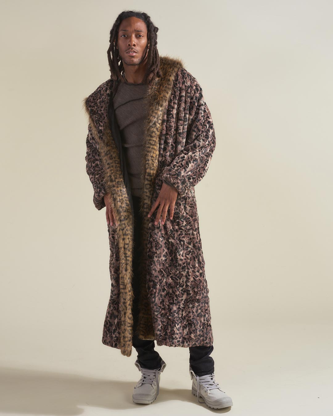 Man wearing Savannah Cat Classic Faux Fur Style Robe, front view 1